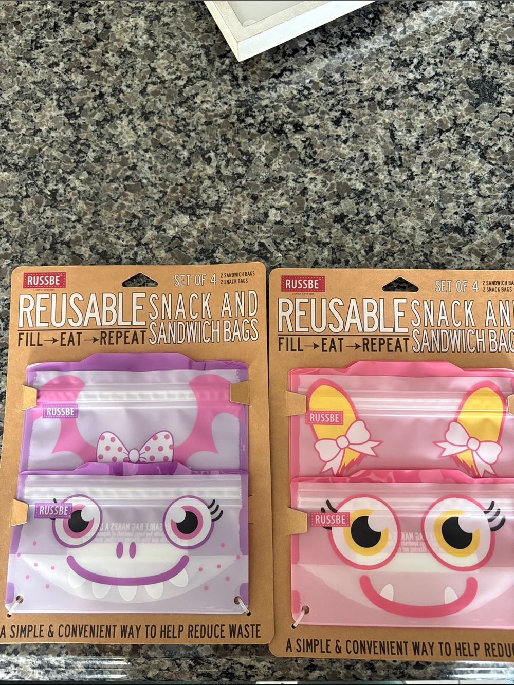 Russ Reusable Kids Snack & Sandwich Bags - Pink and Purple (2 packs eacSet of 4)